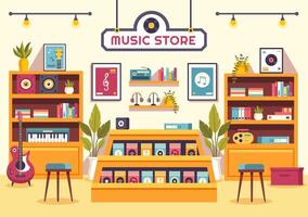 música Tienda ilustración con varios musical instrumentos, cd, casete cintas y audio grabaciones en plano estilo dibujos animados antecedentes diseño vector