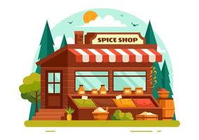 Spice Shop Illustration With Different Hot Sauces, Condiment, Exotic Fresh Seasoning and Traditional Herbs in Flat Cartoon Background vector