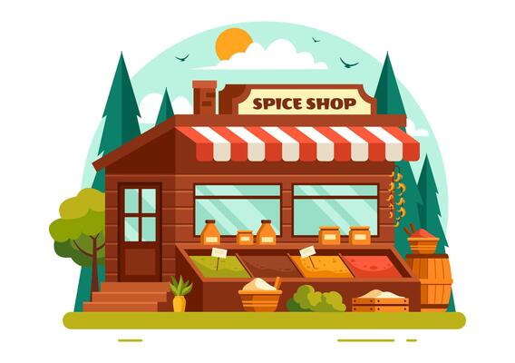 Spice Shop Illustration With Different Hot Sauces, Condiment, Exotic Fresh Seasoning and Traditional Herbs in Flat Cartoon Background