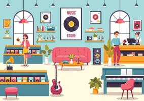 música Tienda ilustración con varios musical instrumentos, cd, casete cintas y audio grabaciones en plano estilo dibujos animados antecedentes diseño vector