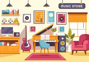 música Tienda ilustración con varios musical instrumentos, cd, casete cintas y audio grabaciones en plano estilo dibujos animados antecedentes diseño vector