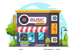 Music Store Illustration with Various Musical Instruments, CD, Cassette Tapes and Audio Recordings in Flat Style Cartoon Background Design vector