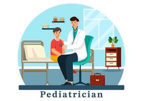 pediatra ilustración con examina enfermo niños para médico desarrollo, vacunación y tratamiento en plano dibujos animados antecedentes diseño vector