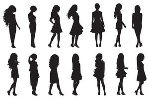 conjunto de silueta. negro personas en blanco antecedentes. perfil caminando chicas. Pro diseño vector