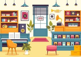 Music Store Illustration with Various Musical Instruments, CD, Cassette Tapes and Audio Recordings in Flat Style Cartoon Background Design vector