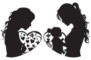 black silhouette mom and baby daughter love shape white background pro design vector