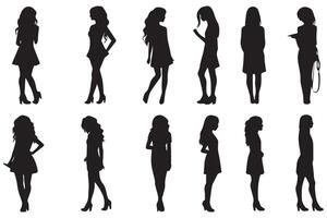 bundle of black silhouettes girls isolated on white background vector