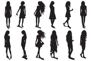 Set of silhouette. Black people on white background. Profile walking girls. pro design vector