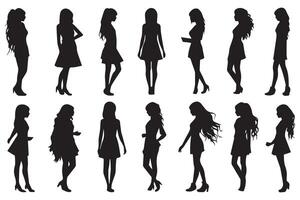 Set of silhouette. Black people on white background. Profile walking girls. pro design vector