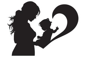 black silhouette mom and baby daughter love shape white background pro design vector