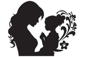 Mother with her baby, heart, outline silhouette vector