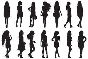 Black silhouettes set of girls on white background pro design vector