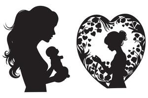 madre con su bebé, corazón, contorno silueta, madre cuidado icono en blanco antecedentes vector