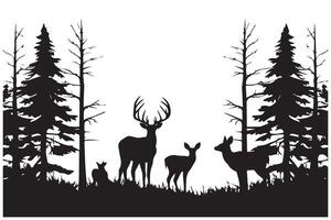 Forest trees deer family silhouettes vector