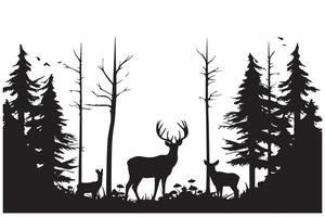 composition Forest silhouette landscape. Black and white isolated elements Element for design. Young deer at the edge vector