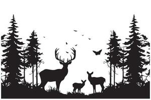 Forest trees deer family silhouettes vector