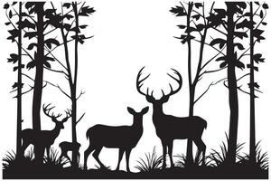 Clásico bosque paisaje con negro y blanco siluetas de arboles y salvaje animales vector