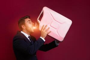 Close up portrait young man businessman. Caucasian guy business suit studio red background. photo