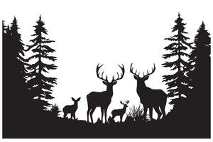 Black silhouette forest and sum deer and bird white background pro design vector