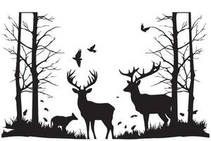 vintage forest landscape with black and white silhouettes of trees and wild animals vector
