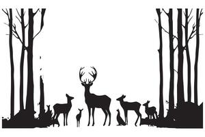 composition Forest silhouette landscape. Black and white isolated elements Element for design. Young deer at the edge vector