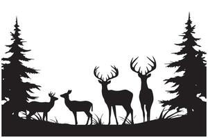 Black silhouette forest and sum deer and bird white background pro design vector