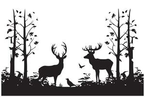 Forest trees silhouettes, deer animal and duck flock, hunting sport. nature landscape or wildlife scene background with pine woods and fallen tree vector