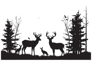 composición bosque silueta paisaje. negro y blanco aislado elementos elemento para diseño. joven ciervo a el borde vector
