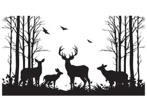 Black silhouette forest and sum deer and bird white background pro design vector