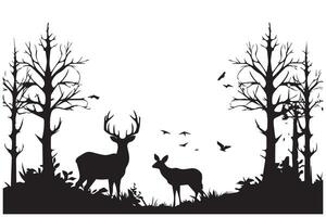 Black silhouette forest and sum deer and bird white background pro design vector