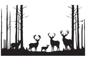 Black silhouette forest and sum deer and bird white background pro design vector