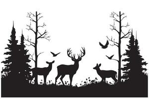 Black silhouette forest and sum deer and bird white background pro design vector