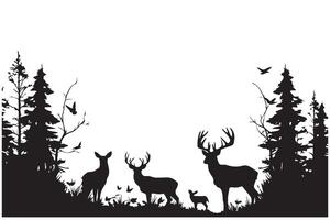 Forest trees silhouettes, deer animal and duck flock, hunting sport. nature landscape or wildlife scene background with pine woods and fallen tree vector