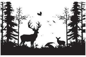 silhouette forest and deer family vector