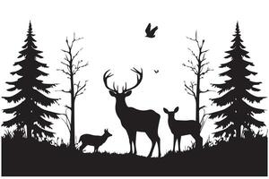 bosque arboles siluetas, ciervo animal y Pato rebaño, caza deporte. naturaleza paisaje o fauna silvestre escena antecedentes con pino bosque y caído árbol vector