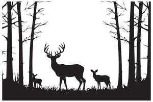 composition Forest silhouette landscape. Black and white isolated elements Element for design. Young deer at the edge vector