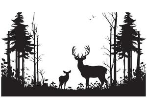 Forest trees silhouettes, deer animal and duck flock, hunting sport. nature landscape or wildlife scene background with pine woods and fallen tree vector
