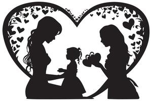 Mom and child love in the style of silhouette white backgroundmother and daughter silhouette in the heart shape, silhouette of a girl with heart vector