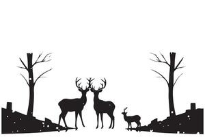 composition Forest silhouette landscape. Black and white isolated elements Element for design. Young deer at the edge vector