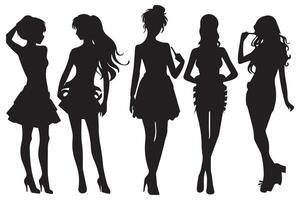 Set of silhouette. Black people on white background. Profile walking girls. pro design vector