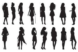 Set of silhouette. Black people on white background. Profile walking girls. pro design vector