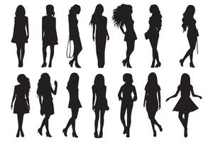 bundle of black silhouettes girls isolated on white background vector