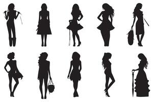 Set of silhouette. Black people on white background. Profile walking girls. pro design vector
