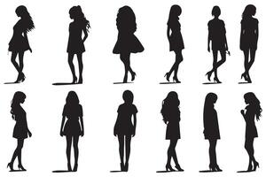 conjunto de silueta. negro personas en blanco antecedentes. perfil caminando chicas. Pro diseño vector