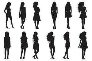 Set of silhouette. Black people on white background. Profile walking girls. pro design vector