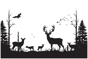 vintage forest landscape with black and white silhouettes of trees and wild animals vector