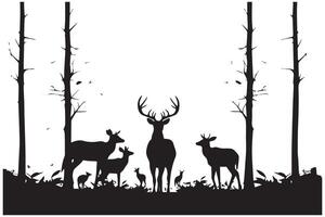 Forest trees deer family silhouettes vector