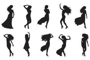 Dancing Girl Group Black Silhouette Female Figure Isolated Over White Background Illustration vector