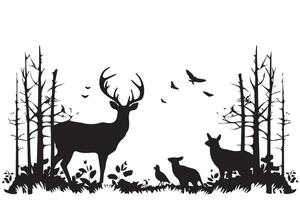 bosque arboles ciervo familia siluetas vector