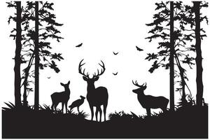 vintage forest landscape with black and white silhouettes of trees and wild animals vector